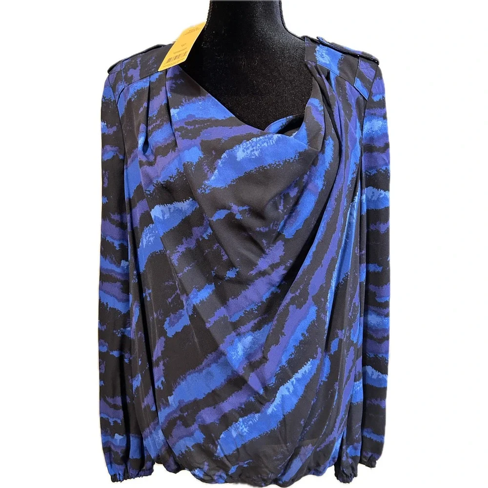 Tory Burch Flynn Top NWT $295 Womens 12 Blue Black Landscape Draped Blouse